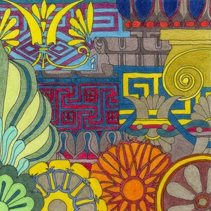 May include: A colorful abstract design with geometric shapes and floral patterns. The design features a mix of red, blue, yellow, green, and orange colors.