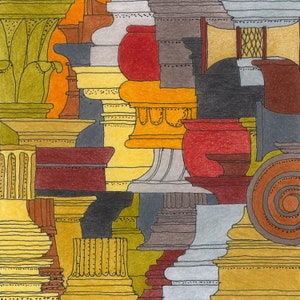 Op de afbeelding: Een kleurrijke abstracte illustratie van verschillende architectonische kolommen en kapitelen in tinten rood, geel, bruin en grijs.