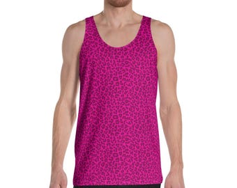 May include: A pink tank top with a dark pink leopard print pattern.