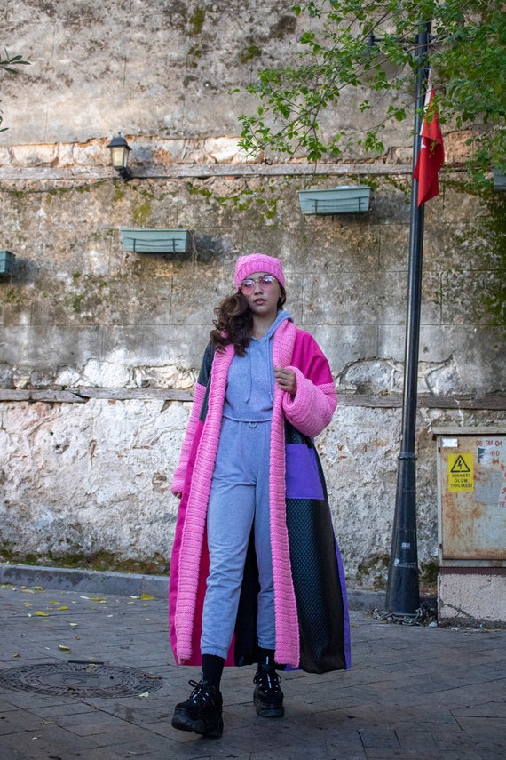 Long Felt Coat With Patchwork Pattern 