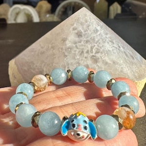 Kids Beaded Bracelet: Blue Dog Charm, Aquamarine & Gold Beads