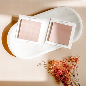 May include: Two square sticky notepads, one with a dotted pattern and the other solid, sit on a white oval tray. The notepads are a soft pink color and are labeled "Beige Storm" and "Dusty Rose." A small bouquet of dried flowers is in the bottom right corner.