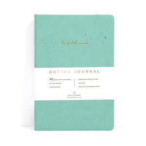K&ouml;nnte beinhalten: Ein t&uuml;rkisblaues Notizbuch mit Punkten, dem Text "love for little moments" und goldenen Sternen und einem Mond. Das Notizbuch hat ein wei&szlig;es Band mit dem Text "DOTTED JOURNAL" und Details zu Papier und Einband.