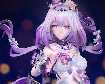 May include: A detailed figurine of a female anime character with lavender hair and purple eyes. She wears a white and purple dress adorned with floral and butterfly accents. The figure has a crown and is posed against a blurred background. The text "Patreon.com | Neko Figurines" is at the bottom.