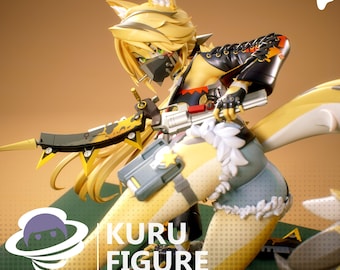 May include: A detailed figurine of a character with yellow hair, fox ears, and a mask, holding a futuristic weapon. The figure wears a black and yellow outfit with a white trim and blue shorts. The text "Kuru Figure" is displayed on the base, with "APR 2025" in the corner.