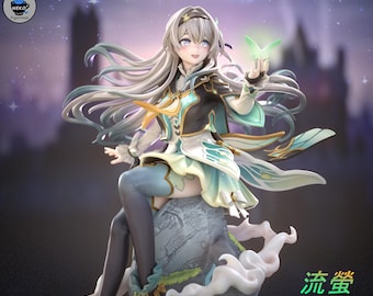 May include: A white-haired anime character with blue eyes and a green butterfly in her hand. She is wearing a blue and green outfit with a white collar and a gold belt. She is sitting on a rock with a white cloud behind her. The text "流萤" is written in black on a white background.