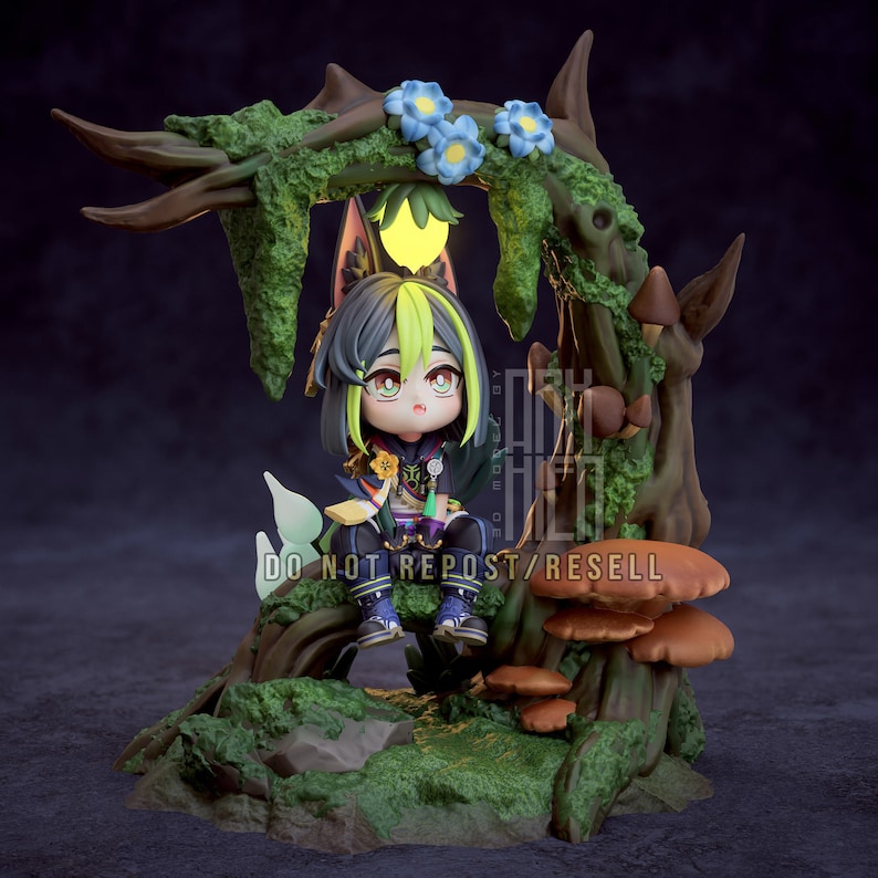 May include: A small, green and black figurine of a character with cat ears and a tail, sitting on a tree branch with mushrooms and flowers. The figurine is wearing a yellow and black outfit and has a glowing light on its head. The text "DO NOT REPOST/RESELL" is visible on the tree branch.