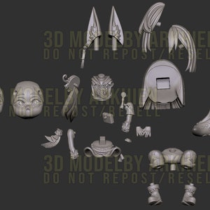 May include: A 3D printed model of a character, broken down into separate pieces. The model is made of a light gray plastic and features a variety of details, including a hat, hair, clothing, and accessories. The text "3D MODEL BY ARSEN DO NOT REPOST/RESELL" is visible on the image.