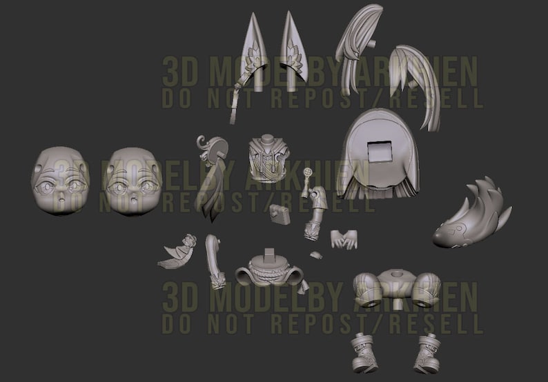 May include: A 3D printed model of a character, broken down into separate pieces. The model is made of a light gray plastic and features a variety of details, including a hat, hair, clothing, and accessories. The text "3D MODEL BY ARSEN DO NOT REPOST/RESELL" is visible on the image.