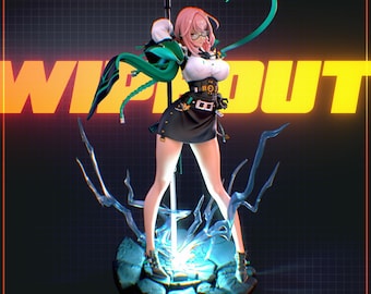 May include: A detailed figurine of a character with pink hair, glasses, and a black and white outfit, holding a sword. The figure stands on a base with blue energy effects. The word "WITHOUT" is displayed in large yellow letters.