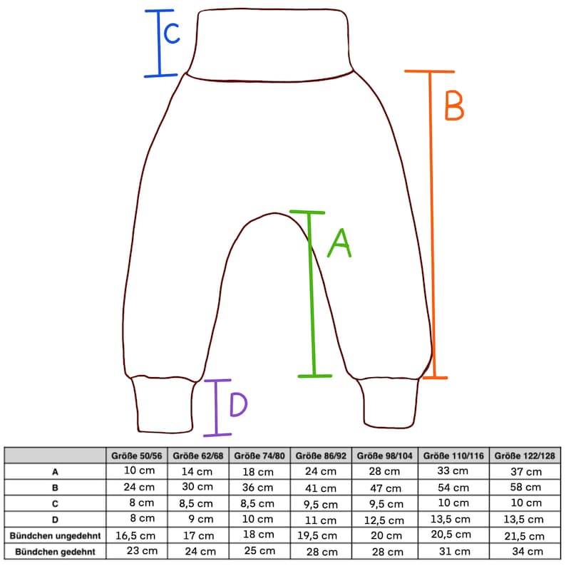 May include: A line drawing of baby pants with a high waistband and cuffed ankles. A sizing chart is included below the illustration, detailing measurements in centimeters for various sizes labeled A, B, C, and D, ranging from 10 cm to 58 cm.