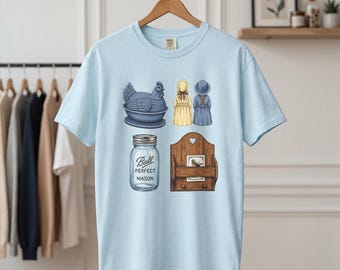 Koszulka Grandma Core | Koszulka Vintage Farm Kitchen | Grafika z słoikiem Mason i niebieskim kurczakiem