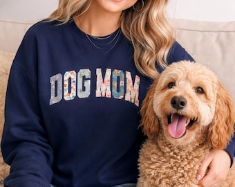 Bluza z nadrukiem kwiatowym dla mamy psa, przytulny okrągły dekolt dla miłośnika zwierząt, prezent dla właściciela psa