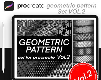 May include: A digital tablet screen displaying a set of 9 geometric patterns for the Procreate app. The patterns are black and white and have a variety of shapes and designs. The text "GEOMETRIC PATTERN set for procreate Vol.2" is displayed on the screen. A red circle with the text "Vol.2" is in the lower right corner of the image.