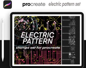 May include: A digital illustration of an electric circuit board pattern with red and yellow lines on a black background. The text "ELECTRIC PATTERN" is displayed in white letters. The text "stamps set for procreate" is displayed in white letters below the pattern. The image also shows a set of 13 different electric circuit board patterns labeled "Electric Brush 7" through "Electric Brush 13".