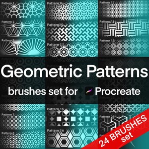 May include: A set of 24 geometric patterns for Procreate, featuring black and white designs on a turquoise background. The patterns are arranged in a grid and labeled with numbers.