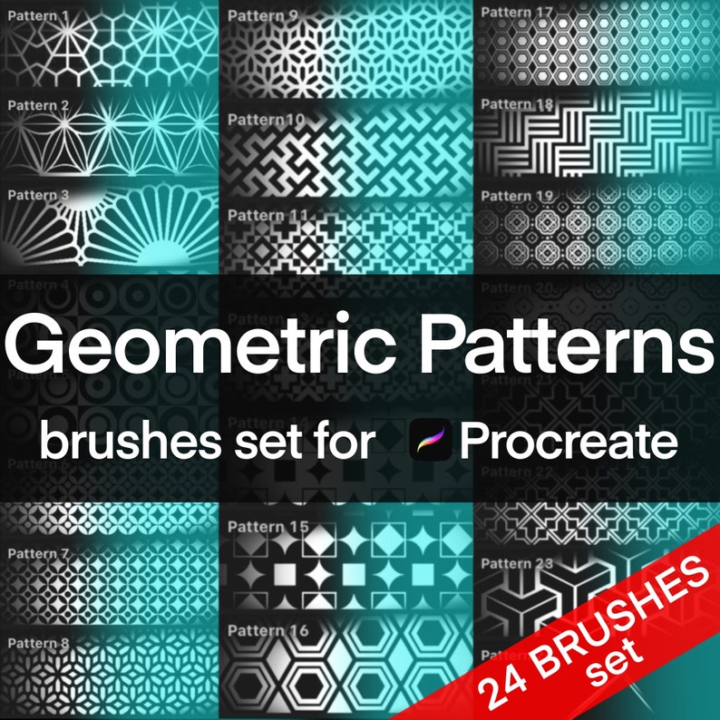 May include: A set of 24 geometric patterns for Procreate, featuring black and white designs on a turquoise background. The patterns are arranged in a grid and labeled with numbers.