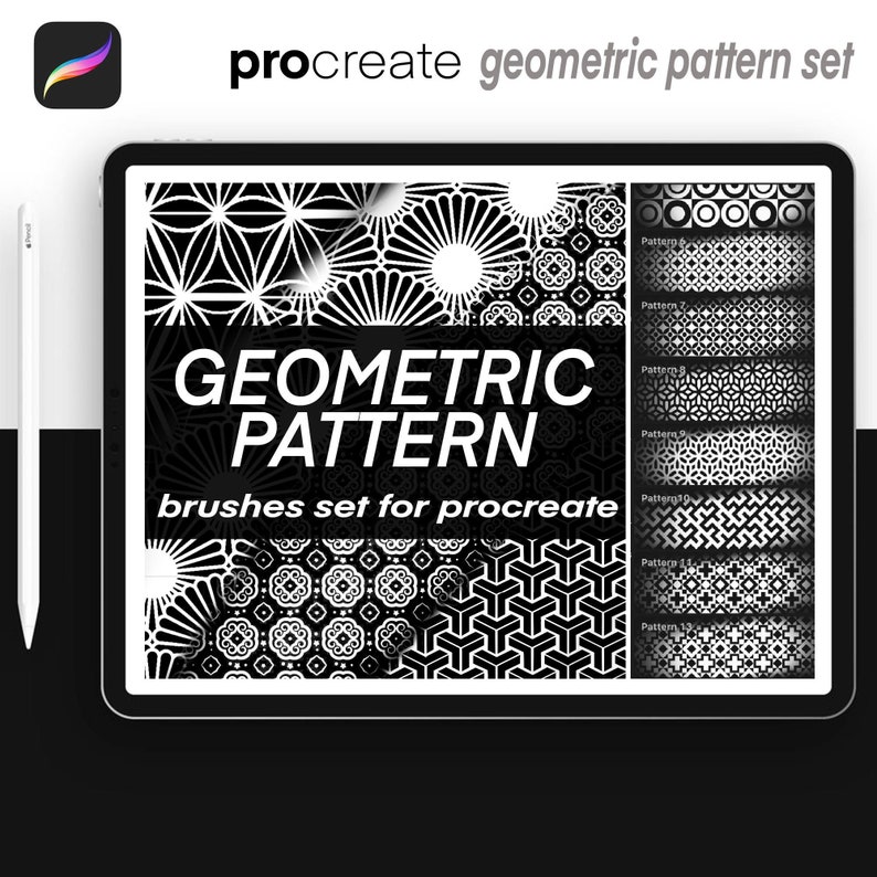 May include: A digital tablet screen displaying a set of 12 geometric patterns for Procreate. The patterns are black and white and feature various shapes, including circles, squares, and triangles. The text "GEOMETRIC PATTERN brushes set for procreate" is displayed on the screen.