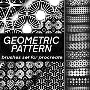 May include: A set of 16 black and white geometric patterns for Procreate. The patterns are arranged in a grid with the text "GEOMETRIC PATTERN" and "brushes set for procreate" at the top.