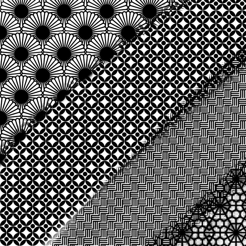 May include: Black and white geometric patterns in a collage style. The patterns include circles, squares, and lines.