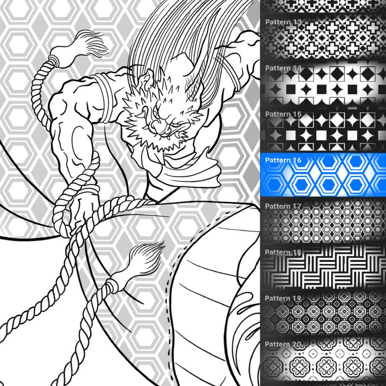 May include: A black and white line drawing of a Japanese demon with a fierce expression, holding a rope in its hands. The demon is wearing a traditional Japanese robe and has long, flowing hair. The background is a pattern of hexagons.