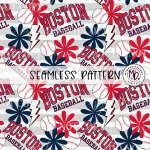 May include: A seamless pattern featuring the words "Boston Baseball" in red and white text with a distressed look. The pattern also includes red and blue stylized flowers, white baseballs, and a gray and white striped background.