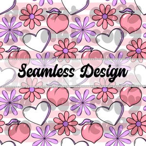 May include: Seamless design pattern featuring pink peaches, pink and purple flowers, and white hearts on a pink and white striped background. The words "Seamless Design" are displayed across the image.