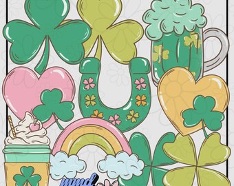 Simple Vintage St Patricks Clipart Set | Shamrocks, Rainbows & Lucky Icons PNG | Commercial Use
