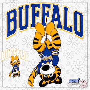 May include: A digital graphic featuring a cartoon tiger hanging upside down, wearing a blue and yellow uniform with the word "BUFFALO" in large blue letters above. A smaller version of the tiger is also present. The background is white with daisy outlines.