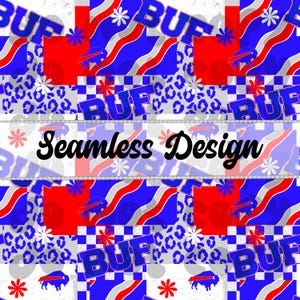 May include: Seamless pattern design featuring a patchwork of red, white, and blue squares with the word "BUF" in blue letters, buffalo silhouettes, and white flowers. The text "Seamless Design" is written in black across the center of the image.