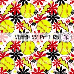 Softball Nahtlos | Schwarz Rot Gelb | Sich wiederholendes Muster | Digitales Papier | Sofortdownload