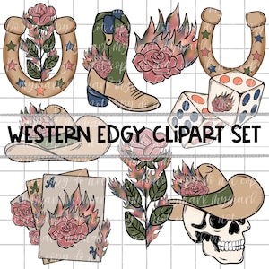 Set di clipart Western Edgy / Grafica di cowgirl con rose fiammeggianti / Arte da cowboy in stile tatuaggio / Download digitale PNG / Uso personale e commerciale