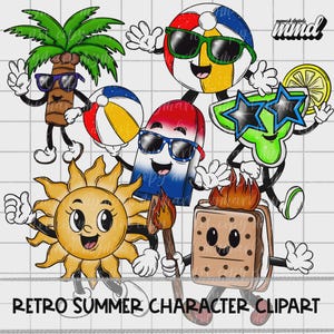 May include: Retro summer character clipart featuring a smiling sun, palm tree, beach ball, popsicle, s'more, and a lime slice. Each character wears sunglasses and has arms and legs. The text "Retro Summer Character Clipart" is at the bottom.