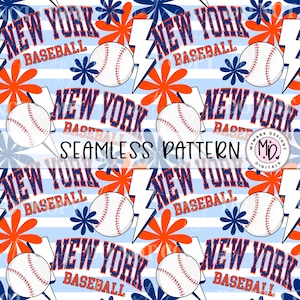Può includere: Uno schema senza cuciture con le parole "New York Baseball" in un font blu e arancione usurato, una palla da baseball bianca con cuciture rosse, fiori arancioni e blu e un fulmine. Lo sfondo è un motivo a strisce blu e bianche.