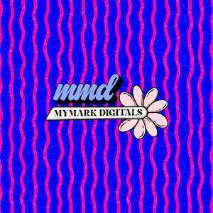 May include: A digital design featuring a blue background with pink wavy vertical stripes and a floral pattern. The design includes the text "mmd" in a blue and black font, and "MYMARK DIGITALS" in a white font, along with a pink flower.