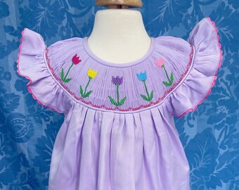 Tulip smocked dress, purple dress , handmade dress