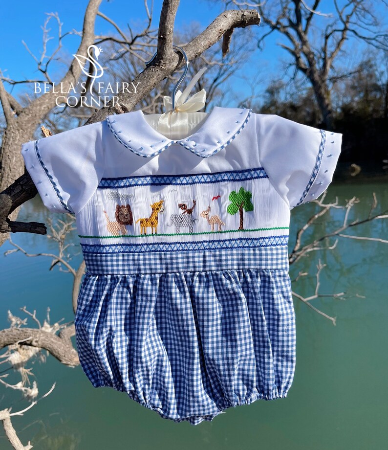 Baby Boys Gingham Handsmocked Animals Bubble/baby Boy Etsy