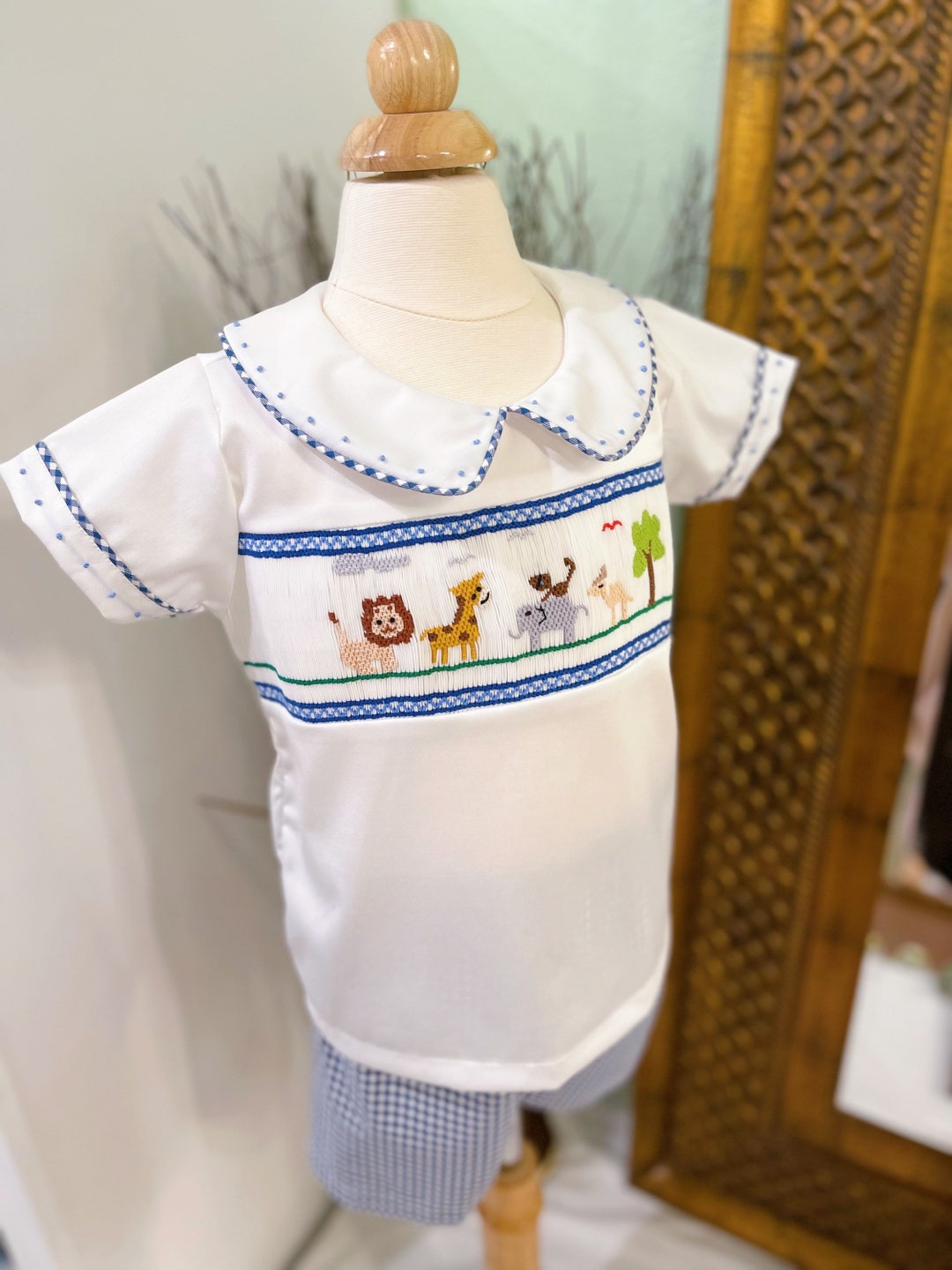 Baby Boys Gingham Handsmocked Animals Set/baby Boy Etsy