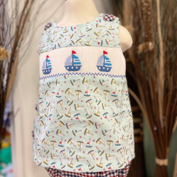 Baby Boy’s Hand-smocked Sailboat Diaper Set/ Contempo Studio Fabrics’ Sailboat Set/ US organic cotton boy set/ Baby boy clothing/Cake Smask