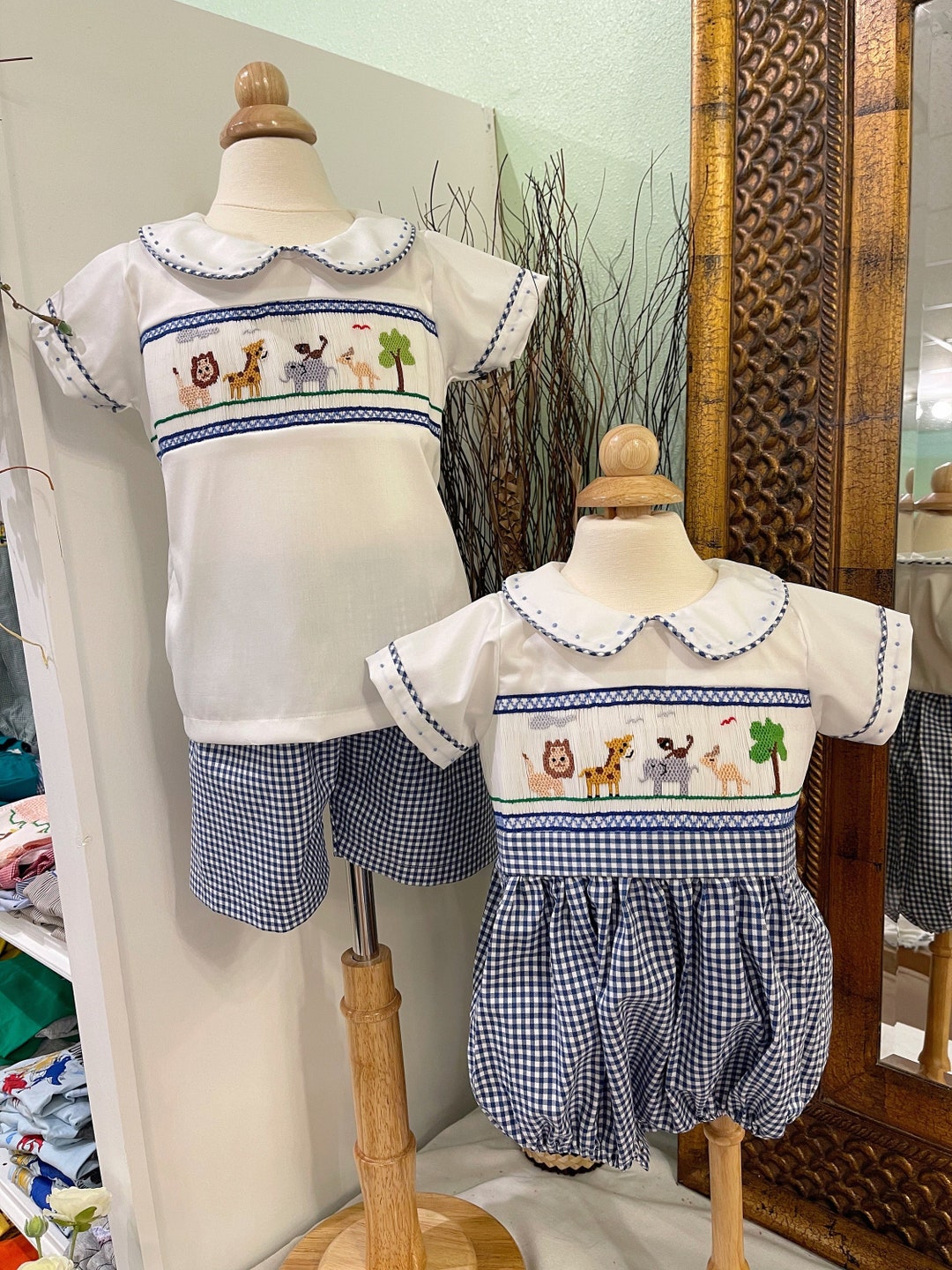 Baby Boys Gingham Handsmocked Animals Bubble/baby Boy Clothing/romper
