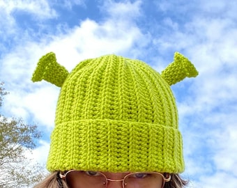 Crochet Shrek/Fiona Ogre Beanie— in keylime green —