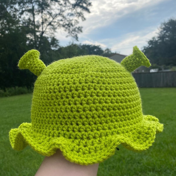 Crochet Shrek/Fiona Ogre Bucket Hat — in keylime green —