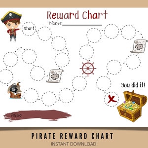 May include: A printable pirate-themed reward chart with a path of circles to color in. The chart features a pirate character, a treasure chest, and a ship. The text "Reward Chart", "Name", "Start", "You did it!" and "Prize" is included on the chart.