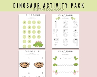 Paquete de actividades de dinosaurios, imprimibles para preescolar, hoja de trabajo de jardín de infantes, juegos para niños imprimibles, imprimibles para educación en el hogar, plan de estudios preescolar