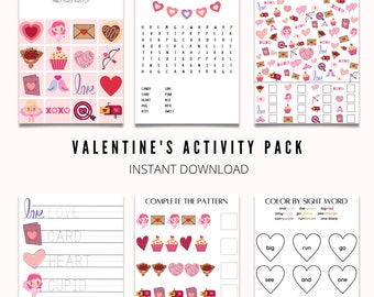 Valentine's Day Activity Pack, Kids printable, Early learning activities, Kids Valentine's, kids printable worksheets, kid games
