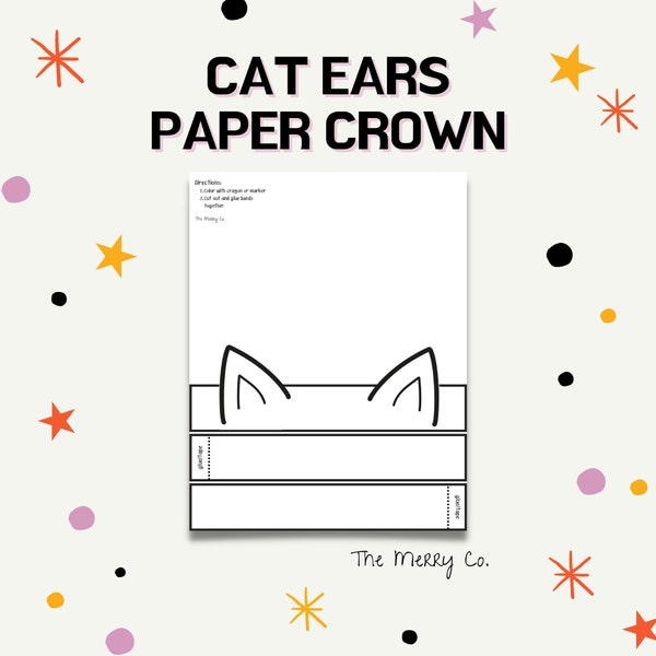 Cat Ears Paper Crown, Kids Halloween Coloring, Printable Paper Craft, Kitten Costume, DIY Party Favor, Cat Coloring Page Halloween, Headband