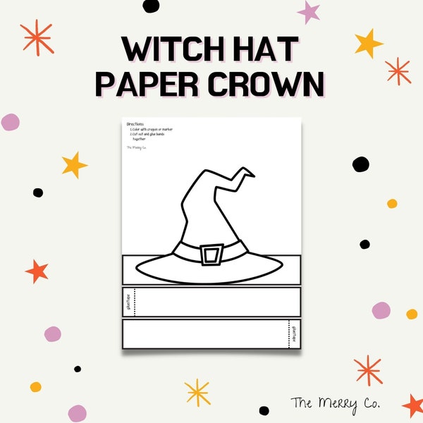 Witch Hat Paper Crown, Halloween Coloring Page, Printable Paper Craft, DIY Party Hat, Activity for Kids, Pretend Play Dress Up, Homeschool