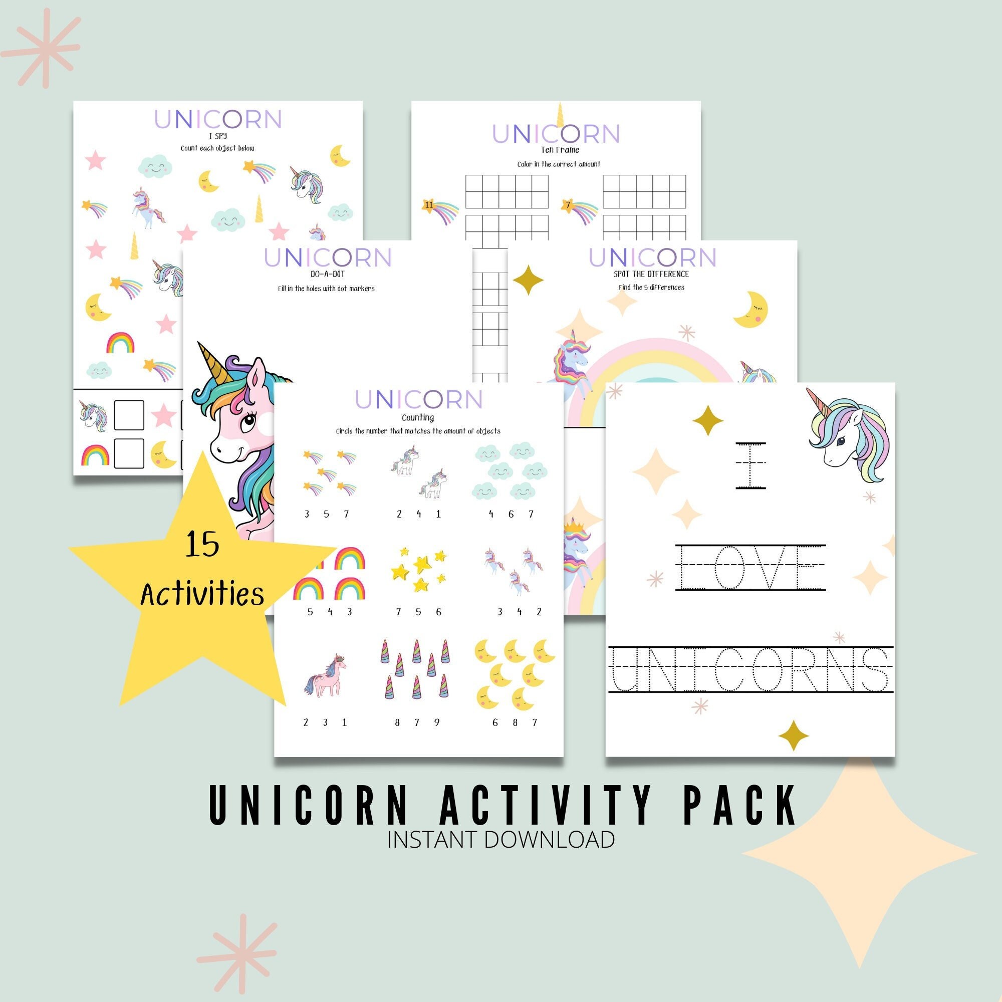 unicorn worksheet bundle kids worksheets preschool printable etsy