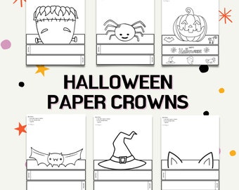May include: Printable Halloween paper crown templates featuring a variety of spooky characters including a Frankenstein, spider, pumpkin, bat, witch hat, and cat.  The crowns are designed to be cut out and assembled.