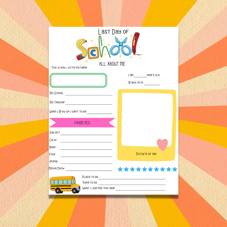 Puede incluir: Una hoja de trabajo imprimible para que los ni&ntilde;os la rellenen el &uacute;ltimo d&iacute;a de escuela. Tiene secciones para "Todo sobre m&iacute;", "Favoritos" y "Lo que aprend&iacute; este a&ntilde;o".